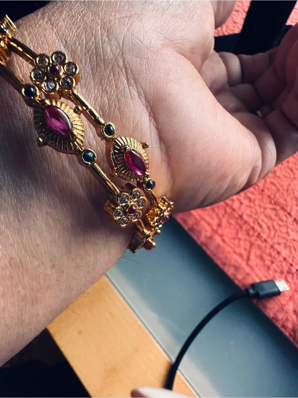 Gold-Tone Pink Floral Bangles for size 2.4/2.6 wrist Anti tarnish